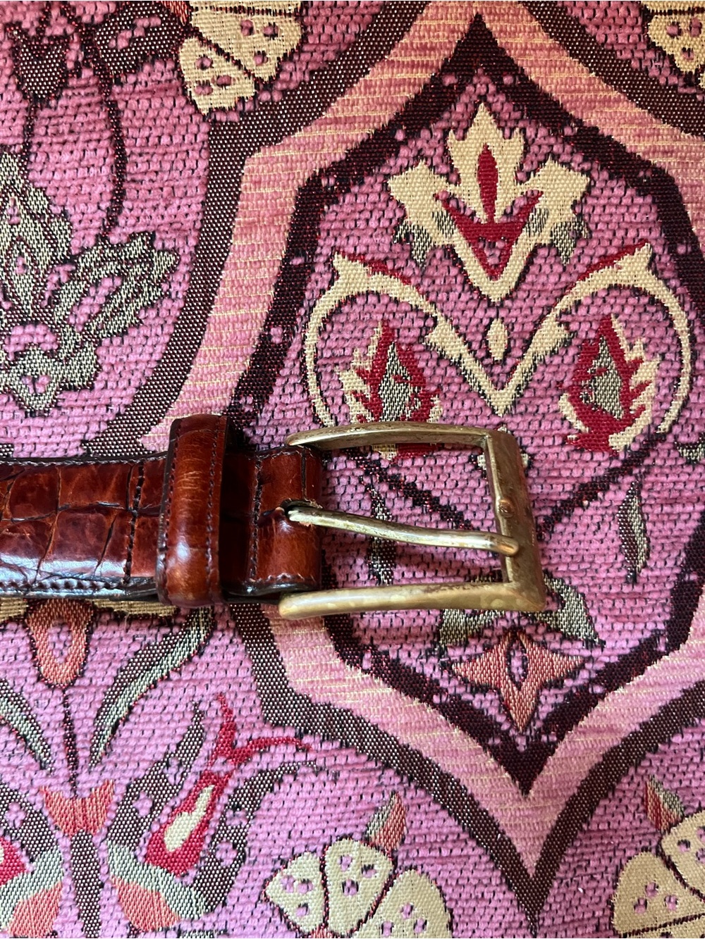Jos A Bank Brown Crocodile Leather Dress Belt with Brass Buckle